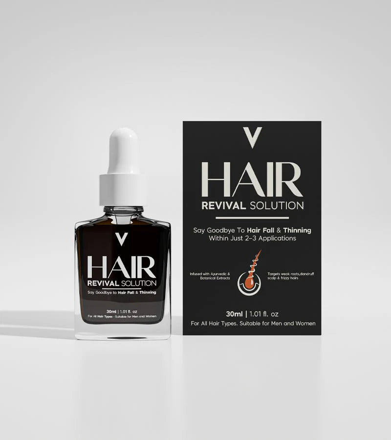 Hair revival solution serum bottle with dropper and packaging for hair fall and thinning